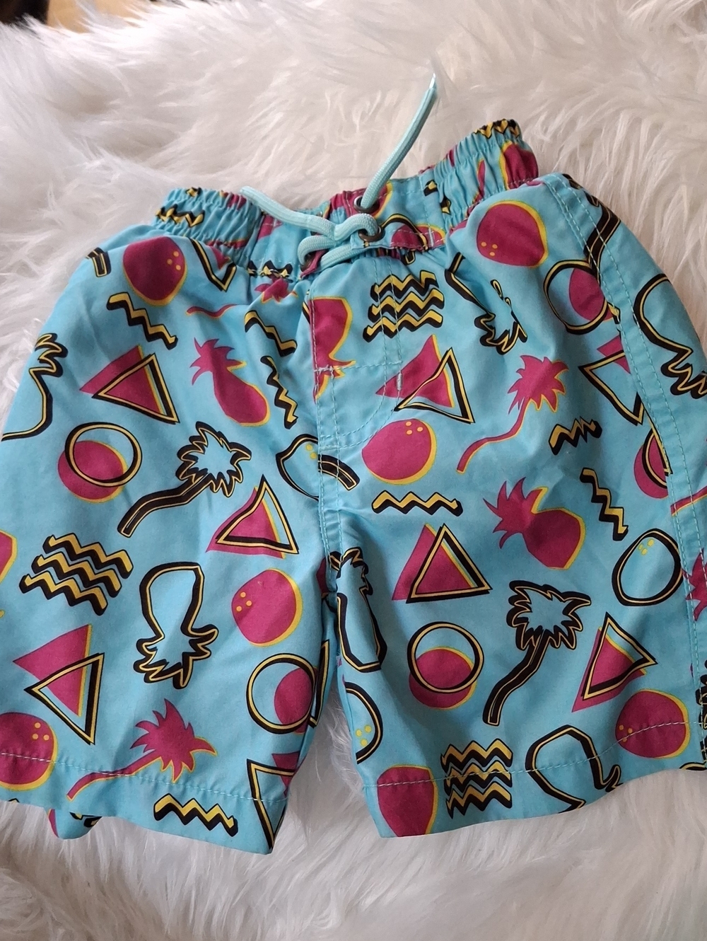 Kids Aqua Swim Shorts with Pink Tropical Print